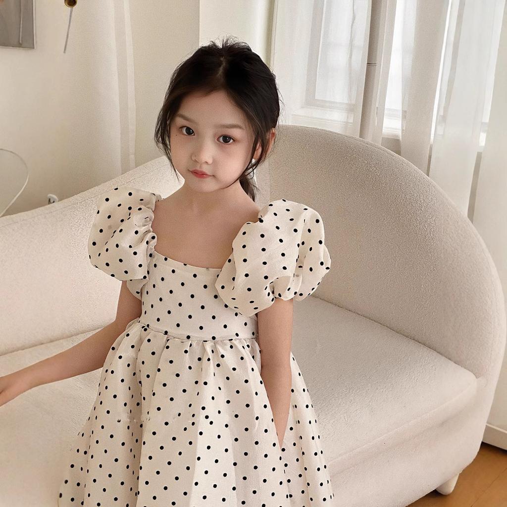Vestito da Festa a Pois per Bambina Estate Maniche a Bolla Abito da Principessa Eleganza Discreta Stile Coreano Giapponese 2-7 Anni