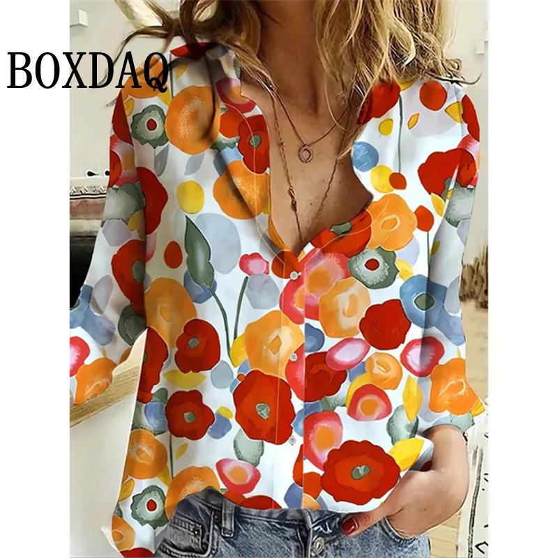 Women's New 3D Christmas Print Long Sleeve Blouses Elegant Lapel Long Sleeve Tops Winter Spring Single-Breasted Basic Shirt