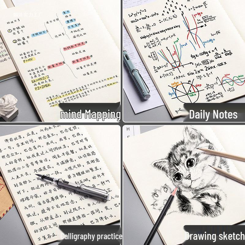 Set of 4 Large Gridless Cowhide Notebooks with Plain Pages for Students' Sketching and Drafting
