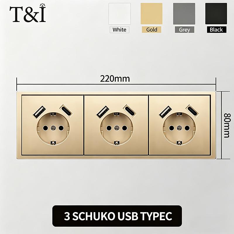 Flush Mount EU Electrical Socket 16A 250V with USB Type-C Charging 1/2 Gang Switch, 80x80mm Golden Panel for European Standard