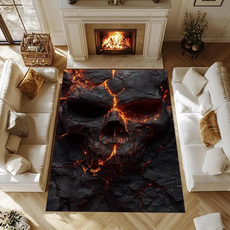 Gothic Skull Living Room Carpet Horror Themed Floor Mat Cool Optical Illusion Home Decor Soft Non-Slip Mat for Bedroom Game Room