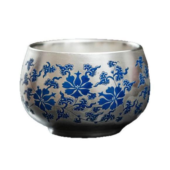 Handcrafted Sterling Silver Ceramic Tea Cup - Blue & White Lotus Design