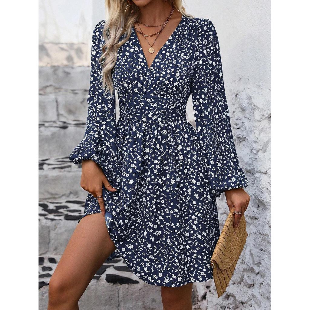 Abiti Abbigliamento Donna Scollo a V Manica a Lanterna Wrap Mini Abito Vita Arricciata Orlo Svasato Elegante per Stili Autunnali e da Festa
