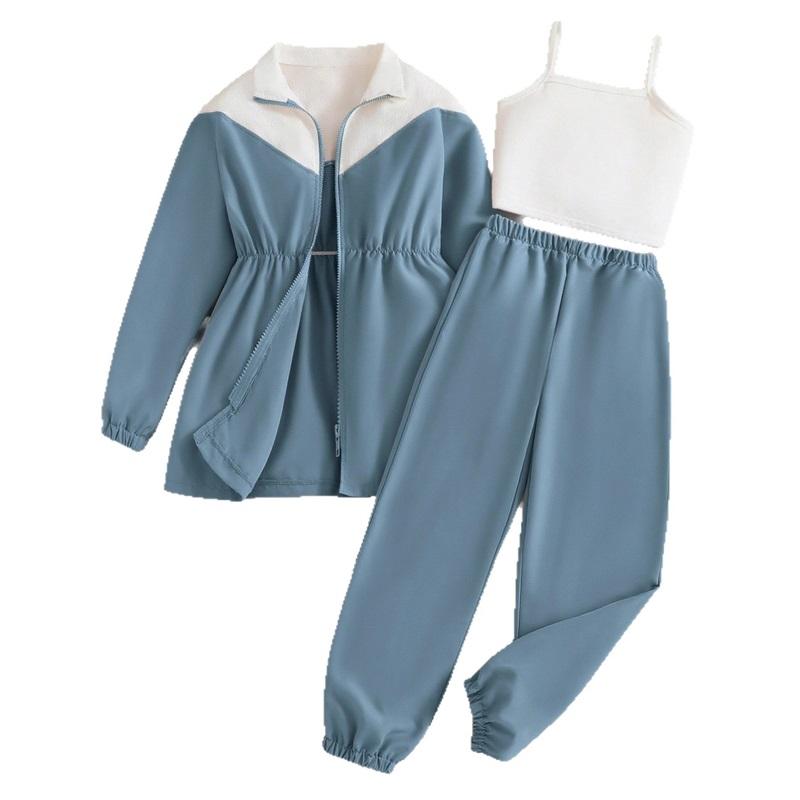 

Girls Fashionable Blue Multi-color Coat Set Autumn Children s Casual Halter Pants Set Of Three Pieces 9Y