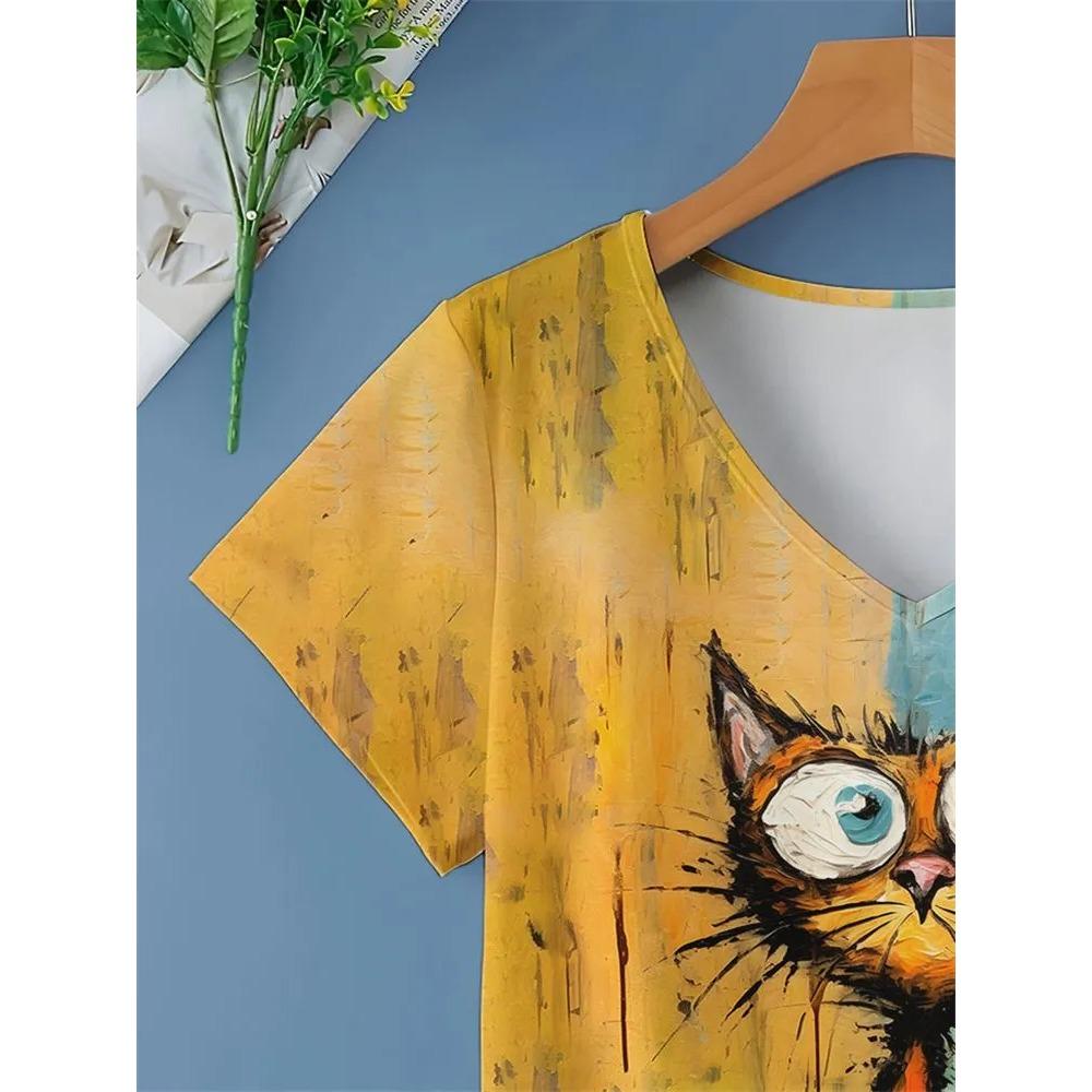 Summer V-neck Funny Cat Pattern 3D Printed Top Fashionable Casual Short Sleeved Women's T-shirts