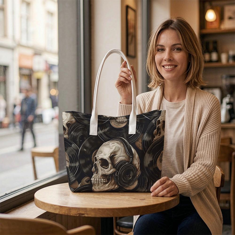 Gothic Skull Music Pattern Casual Tote Bag Stylish Daily Carry Handbag for Streetwear