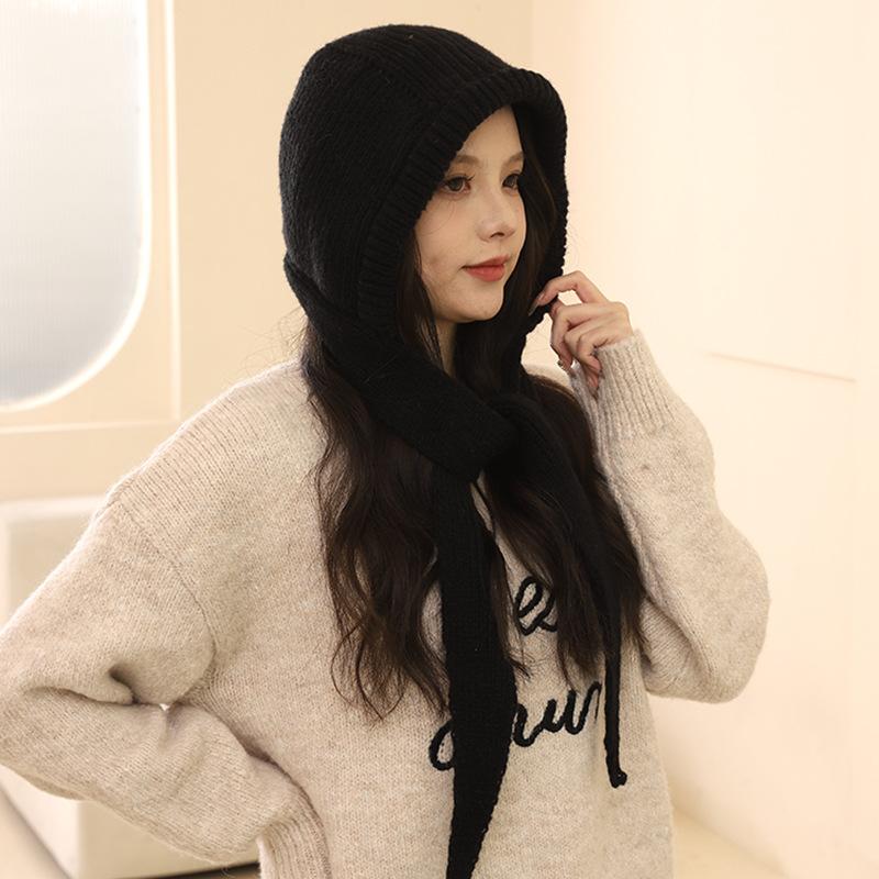 Red Balaclava Hat Women's Autumn and Winter Warm Thickened Knitted Hat Scarf Integrated Ear Protector Wool Hat Tide