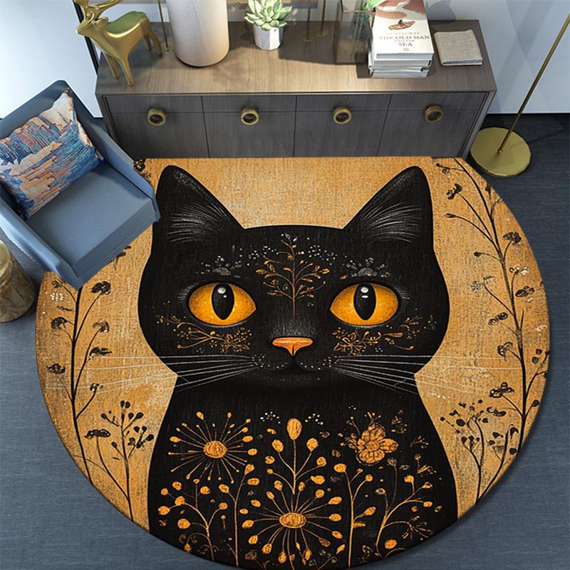 Golden Framed Black Cat Round Area Rug,Carpet Rug for Living Room Bedroom Sofa Playroom Decor,Non-slip Floor Mat