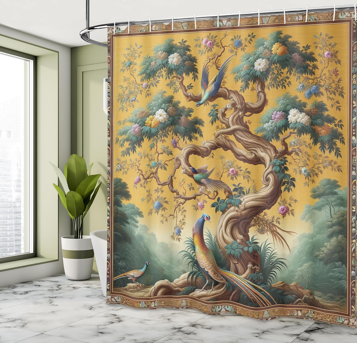 

Vintage Shower Curtain, Floral Tree With Exotic Peacock Birds In Historic Painting Mural Look Print, Cloth Fabric Bath W60H190(CM)-1 Pcs