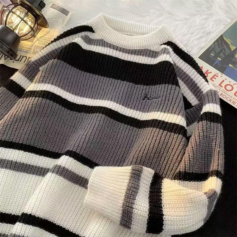 Sweater Men's Japanese retro striped contrasting bottoming sweater, thread sweater, thickened trendy brand loose knitted sweater jacket in autumn 