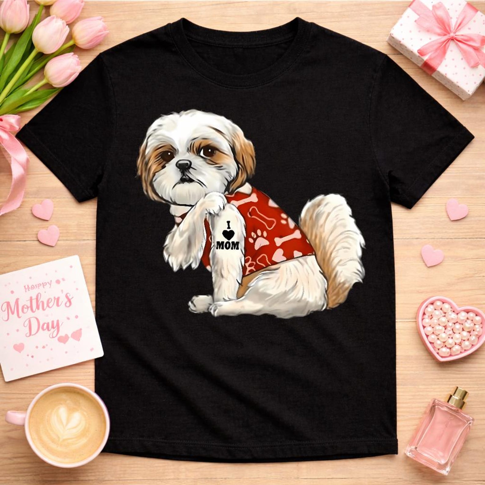 I Love Mom Shih Tzu Tattoo Shirt, Funny Dog Mom Mothers Day Gift, Cute Shih Tzu Lover Tee, Puppy Tattoo, Pet Owner L