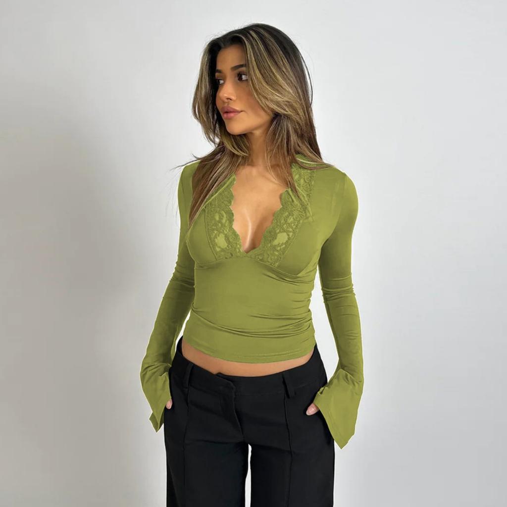 Women's Sexy Long Sleeve Slim Fit V-neck Lace Spliced Basic Top, Popular Casual Blouse for Daily Wear