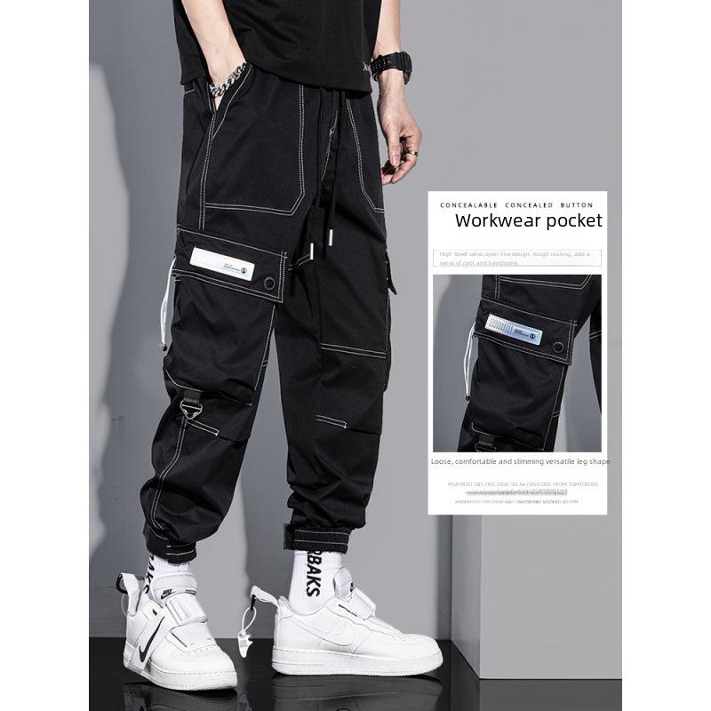 Autumn Men's Trendy American High Street Overalls with Bright Line Letter Print