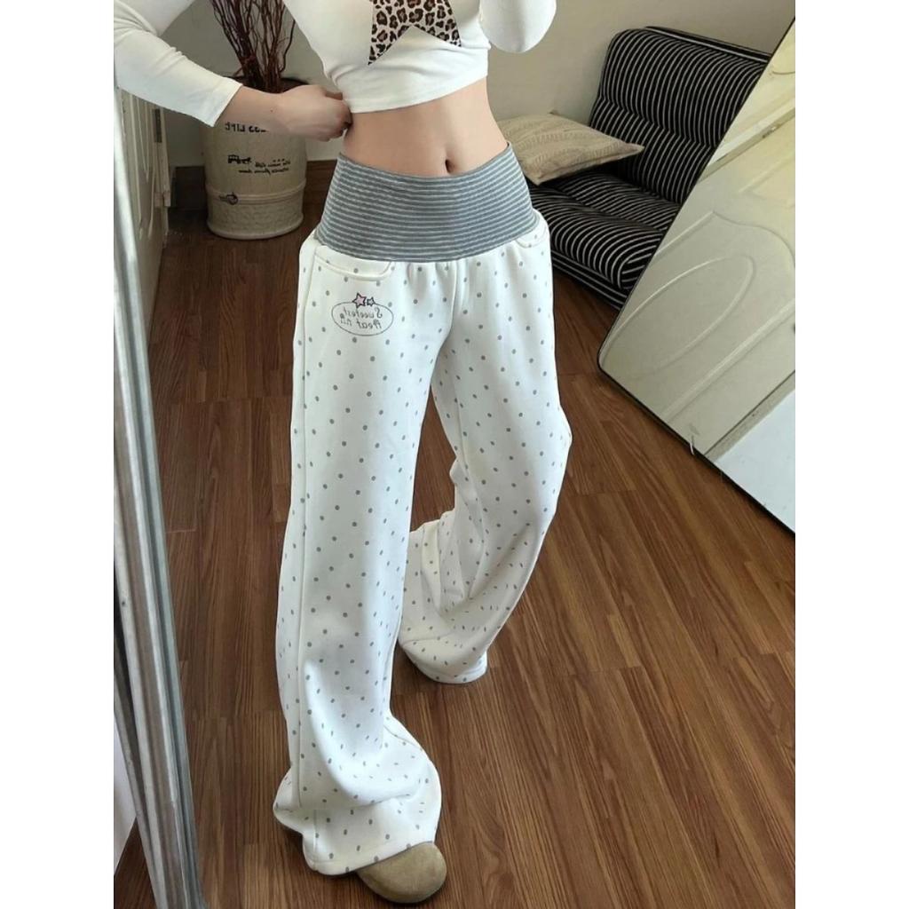 Spring Fashion Casual White Polka Dot Slim Trousers Women Hot Girl New Striped Thin Straight Leg Pants Japanese Patchwork Mopping Pant
