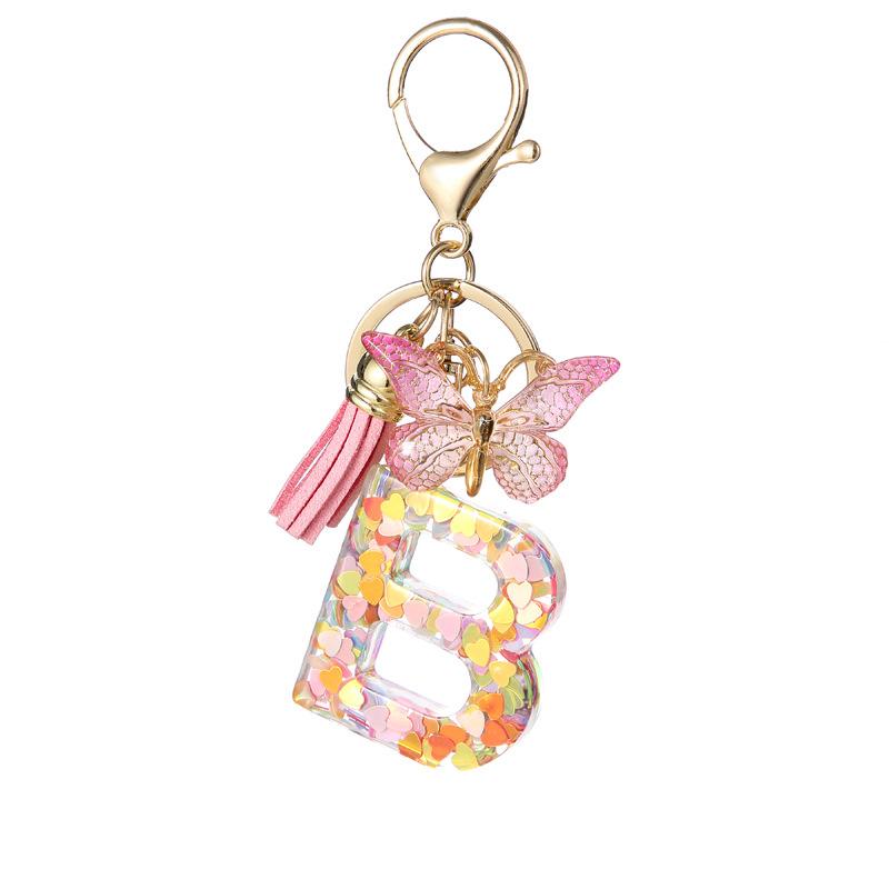 Pink Glitter Resin 26-Letter Keychain Butterfly Tassel Accessory Retro Durable Bag Charm Practical Gift For Girlfriend Best Friend