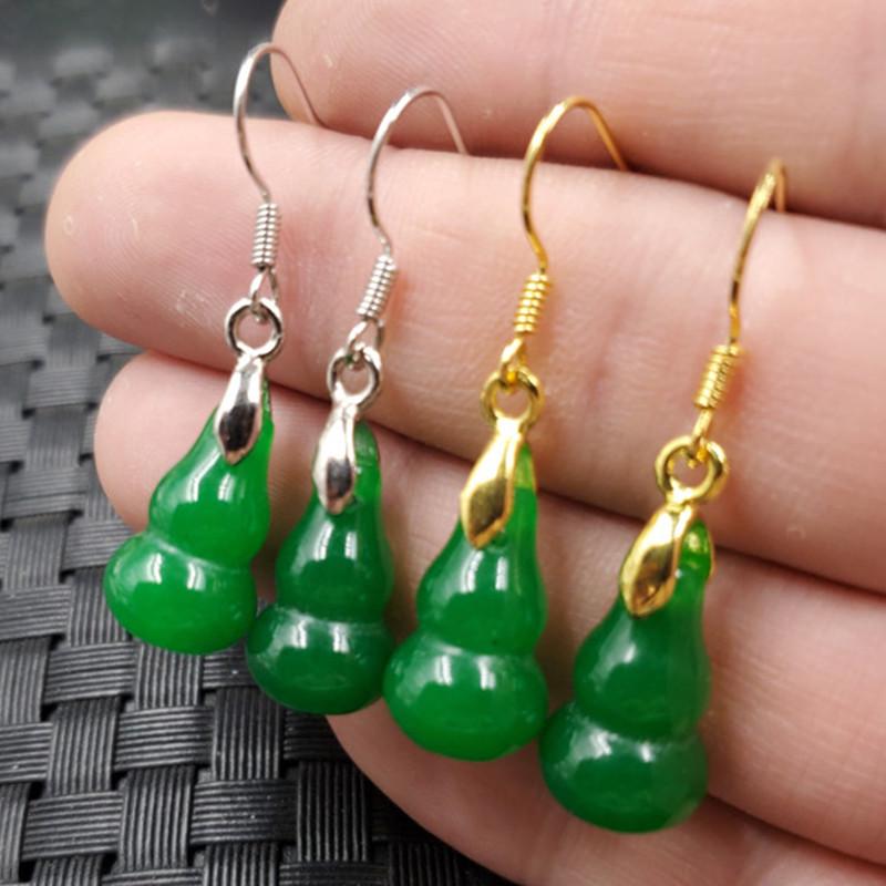 Green Jade Gourd Quartzite 3D Earrings Pendants Silver Version