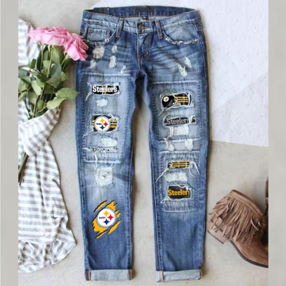 Women s Mid Rise Straight Leg Distressed Steelers Football Team Logo Print Long Denim Pants Casual Jeans S