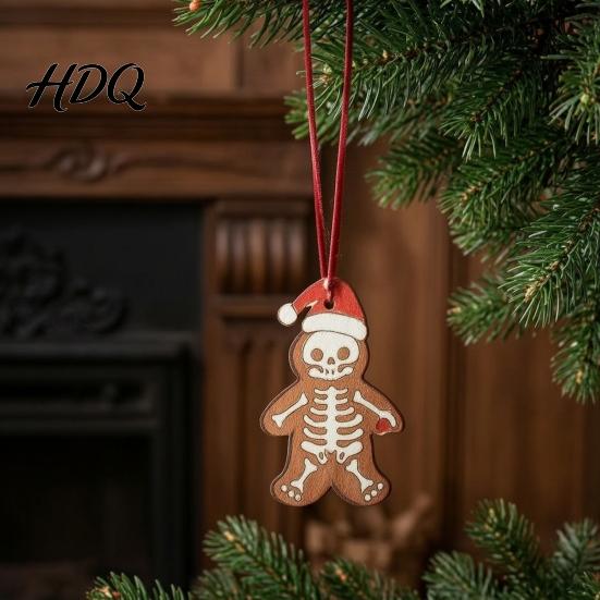 Dark Style Snowman Hanging Ornaments Skeleton Christmas Tree Ornaments 3.15 Inch Skull Unique Gingerbread Man Wood Pendants Gothic Spooky Wooden Xmas