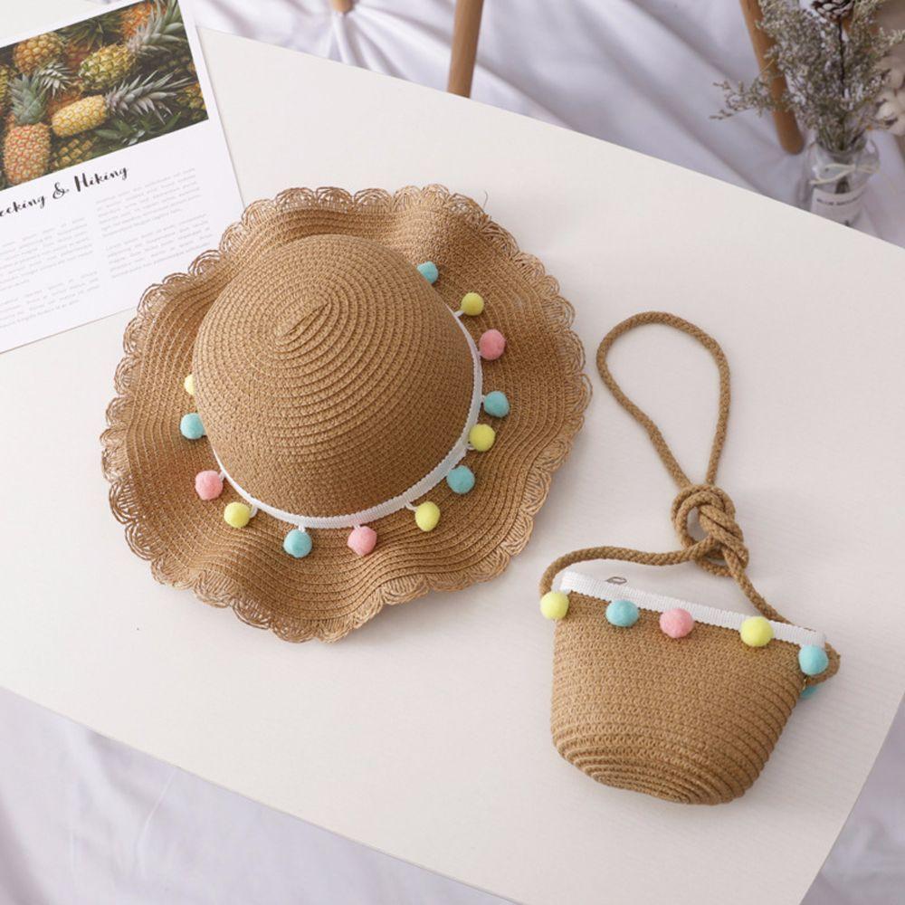 Portable Pompom Ball Summer Hat Colorful Sun Protection Straw Woven Bucket Cap Beach Hat Handbag