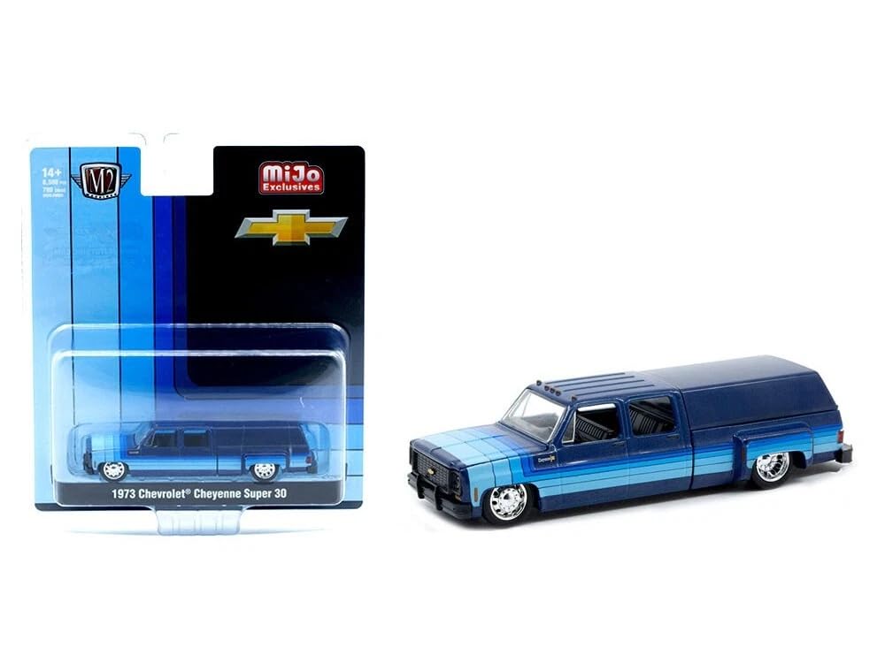 

M2 Machines Масштаб Chevrolet Cheyenne Super 30 1973 Синий Chevy Cheyenne Super 30 Dually с Кемпером 1/64 (Эксклюзив от MiJo) [Использовал] синий