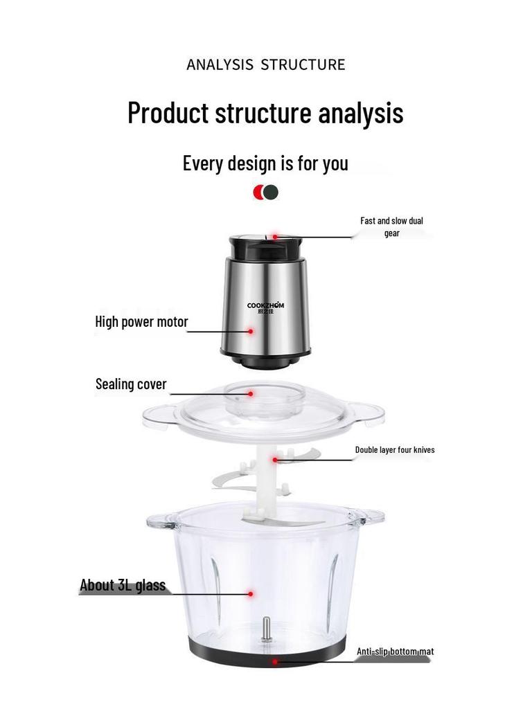 Moedor e Processador de Alimentos Elétrico Multifuncional de Aço Inoxidável para Picar, Misturar e Moer Carne, Alho e Vegetais.