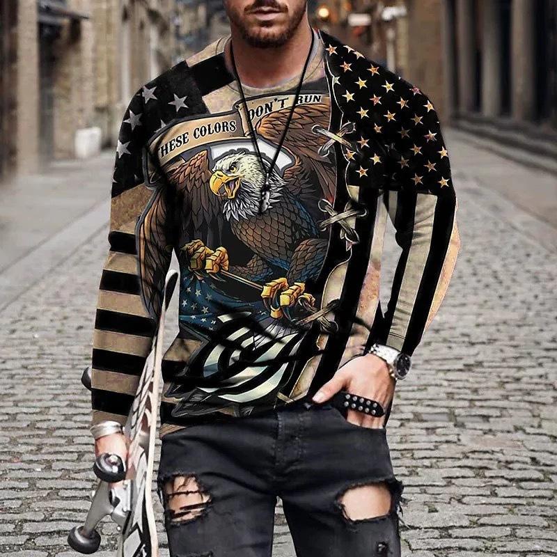 Spring and Autumn Round Neck 3D American Flag & Eagle Printed Top Fashionable Casual Long Sleeved Men's T-shirts