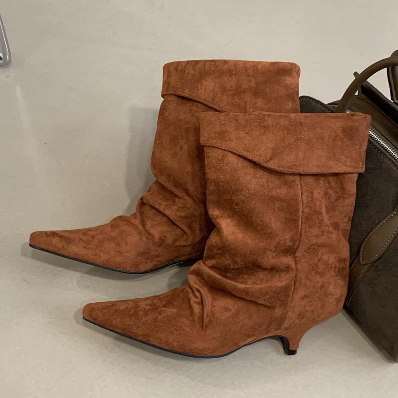 Pesstwei Winter Vintage Turned Over Edge Ankle Boots Women Designer Pointed Toe Thin Low Heel Shoes SHort Botas Zapatos De Mujer