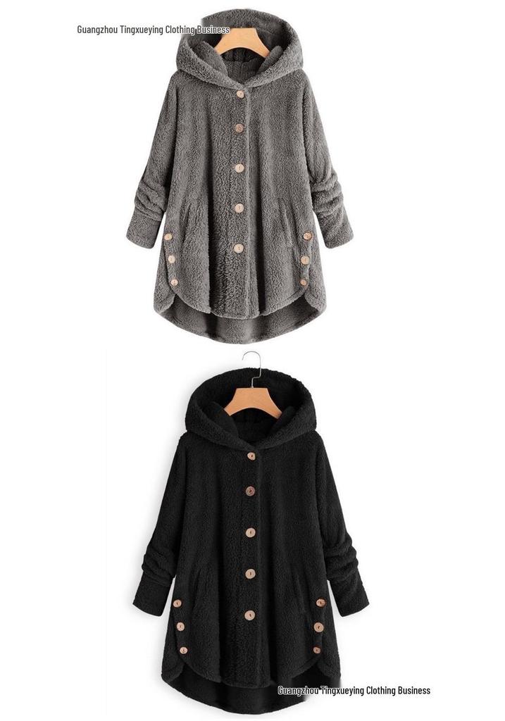 Spring 2026 Women's European-American Plush Button Top, Irregular Solid Color Coat