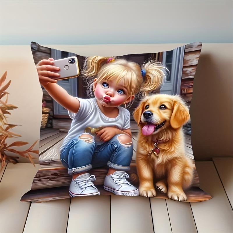 Charming Girl And Dog Printed Pillowcase Decoration Pillow Home Decoration Daily Home Decoration