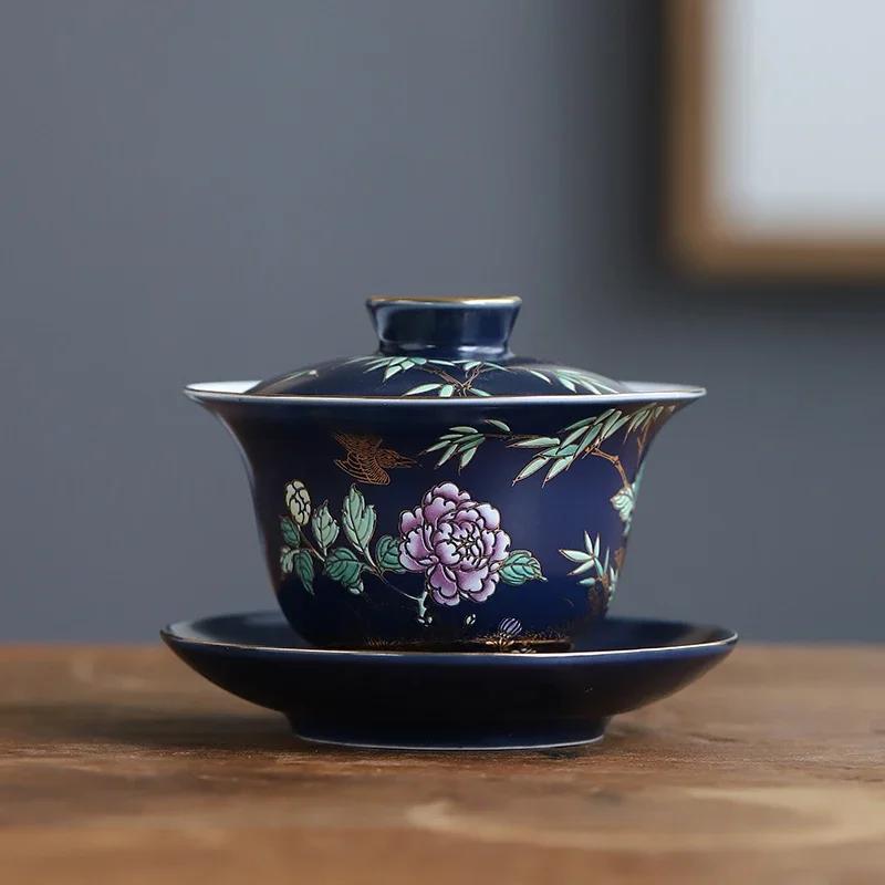 Palace Luxury Enamel Ceramic Gaiwan Teacup Hand Painted Flower Pattern Tea Tureen Travel Tea Bowl Home Teaware Drinkware 150ml