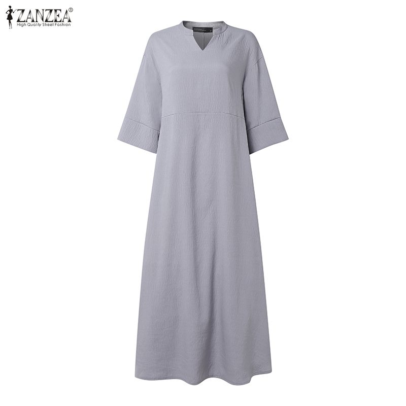 ZANZEA Women Casual V-Neck Summer Loose Short Sleeve Long Dress
