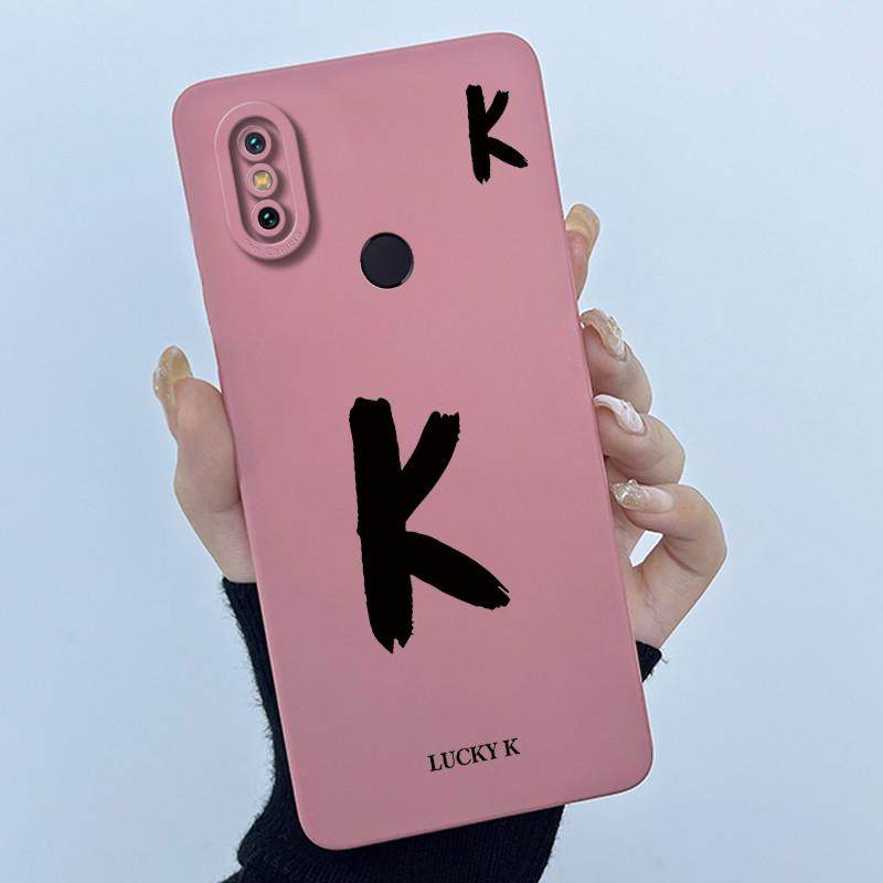 Lucky Initial Letter Phone Case For Xiaomi Mi A2 (Mi 6X) Casing Full Protect Camera Lens Shockproof TPU Soft Matte Cover Bumper