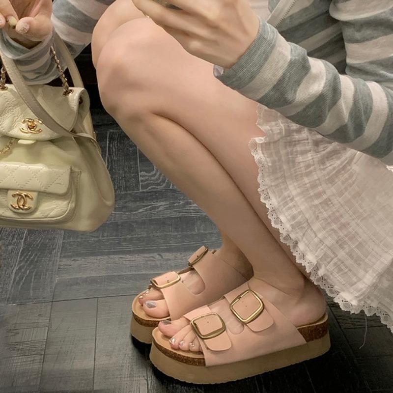 ~ Retro double buckle belt outer wear thick bottom heightening beach slippers summer outer wear women