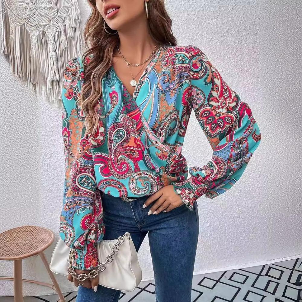 Women's V Neck Long Sleeve Blouse Loose Fit Solid Satin Surplice Ruched Smocked Cuff Lantern Sleeve Elegant Commuter Shirt