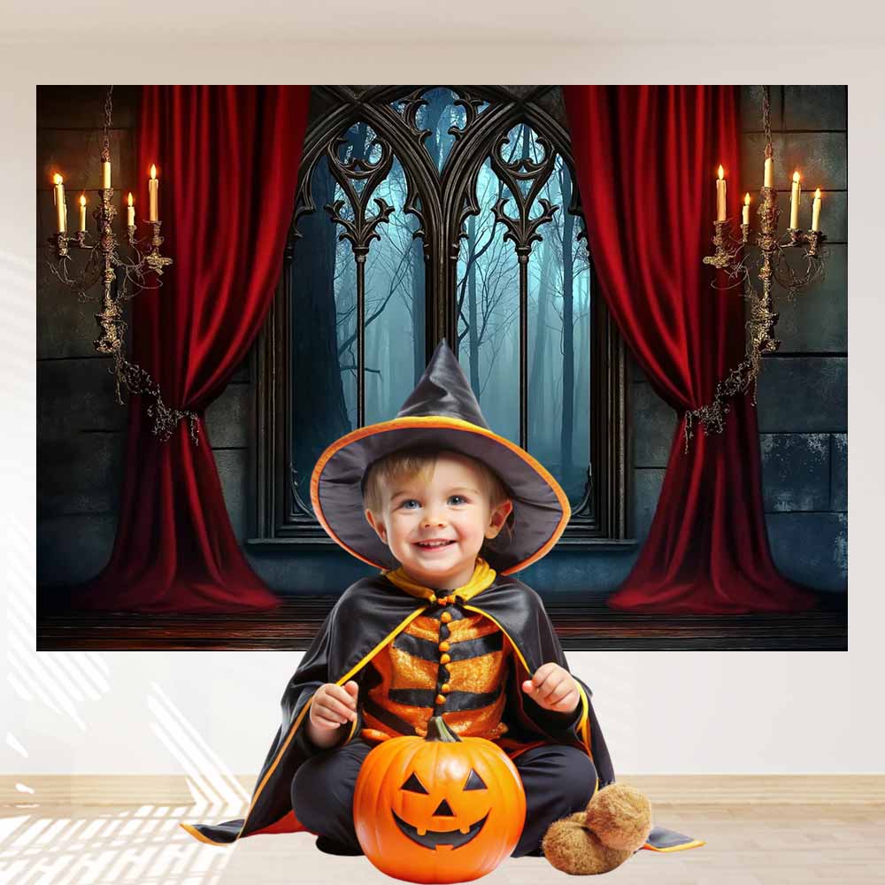 Halloween Vampire Medieval Castle Photography Backdrop Gothic Window Red Curtain Bats Background Haunted House Party Decor