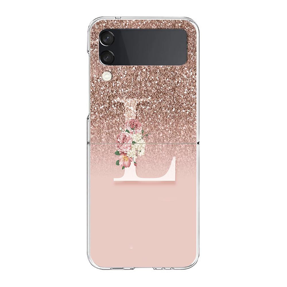 Letter Pink Shiny M R Phone Case For Samsung Galaxy Z Flip 3 4 5 Hard Folding Clear PC Bumper For Samsung Z Flip 6 Cover