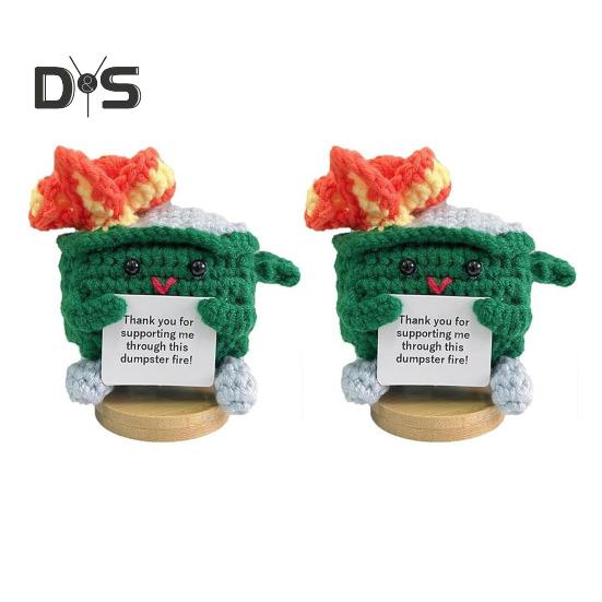 

2 шт. крючком мусорный контейнер с пламенем и основанием, позитивная открытка, эмоциональная поддержка, ручная работа, вязание, мусорный бак, кукла, игрушка, украшение зелёный