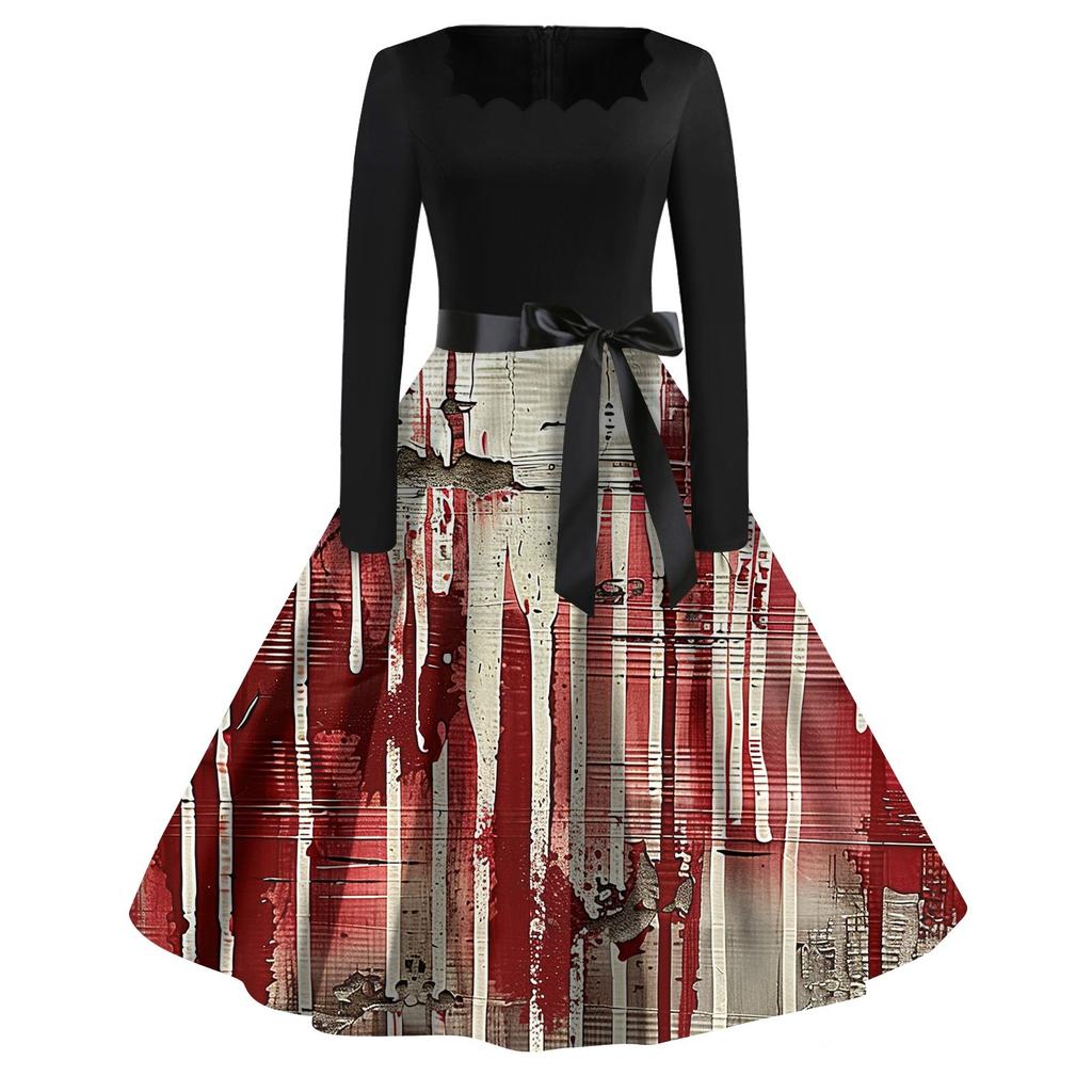 Women's Casual Fashion Halloween Printed Square Neck Vintage Dress