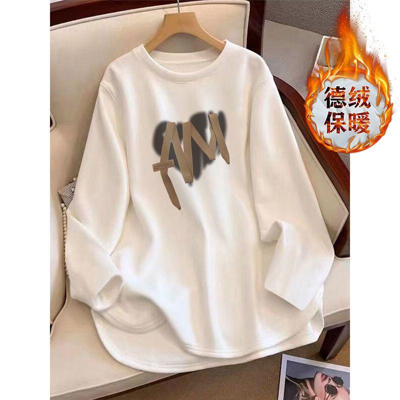2025 New Thickened Brushed T-shirt Women's Autumn and Winter Loose Mid-length Long-sleeved Tops Bottoming Shirts