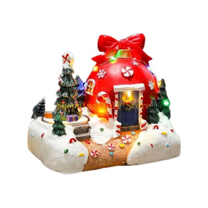 KX4B Rotating Christmas Figurines Decorative Ornament with LED Light and Music Animated Village Resin Ornament Party Gift