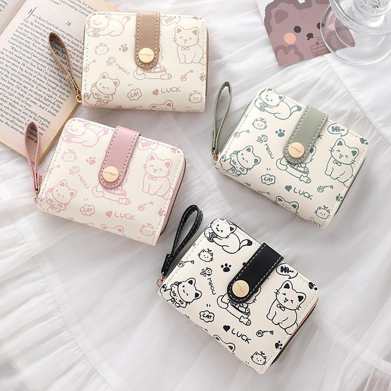 Cartoon Scrawl Cat Short Wallet Women Fashion Coin Purse PU Leather Large Capacity Wallet ID Card Holder Travel Cash Coin Bag