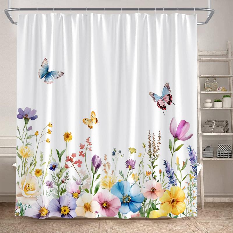 Butterfly Floral Shower Curtains Watercolor Purple Lavender Hummingbird Dragonfly Flower Plant Bathroom Curtain Decor with Hooks