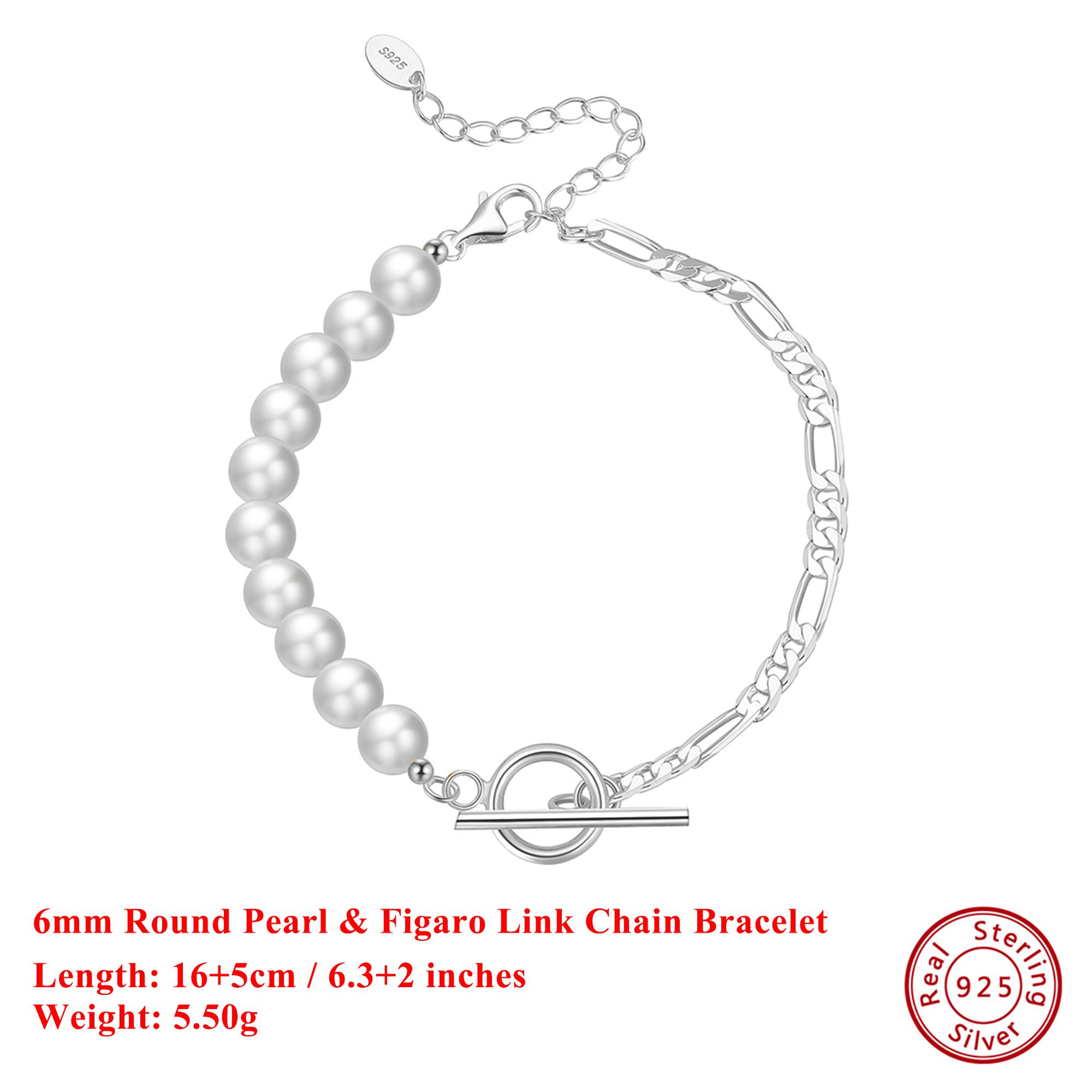 

EFFIE QUEEN S925 Silver 14k Gold Round Shaped Pearl Chain Bracelet Plus Figaro Link Chain Simple Jewelry for Women Banquet GPB06 серебряный