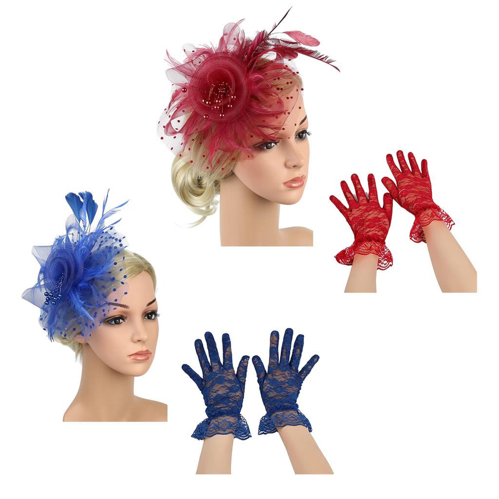 Elegant Lace Veil Fascinator Hat and Wrist Lace Gloves Set Hair Decoration for Bridal Weddings Vintage Tea Party Event