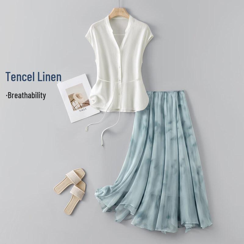 IHIMI Tencel Linen Shirt & Print Skirt Set L