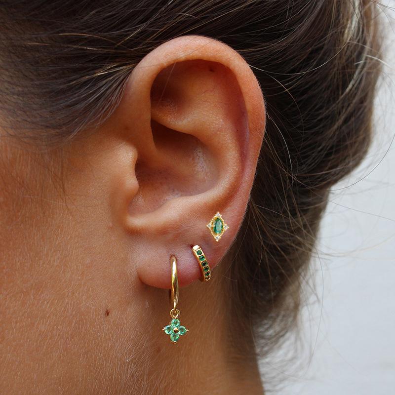 3PCS Green Zircon Flower Hoop Earrings Women Tiny Stainless Steel Round Circle Cartilage Piercing Earring Fashion Jewelry Sets