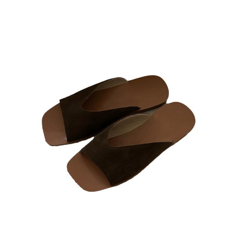 Korean Version of Niche Simple Leather Suede Exposed Square Head Slippers Women Wear Summer New One-word Flat Bottom Cool Slippers