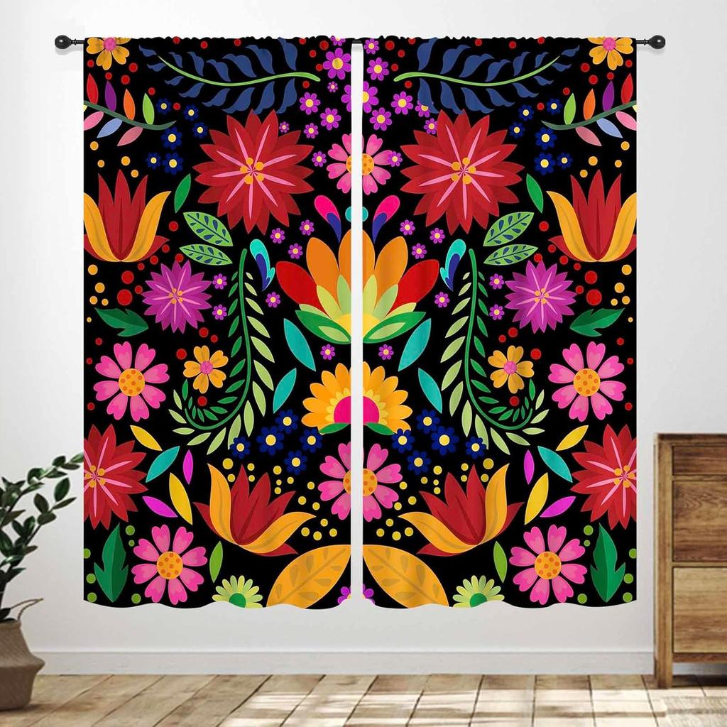 Mexican Flowers Curtains,Traditional Mexico Style Colorful Floral Cinco De Mayo Dia De Los Muertos Boho Botany Rustic Style
