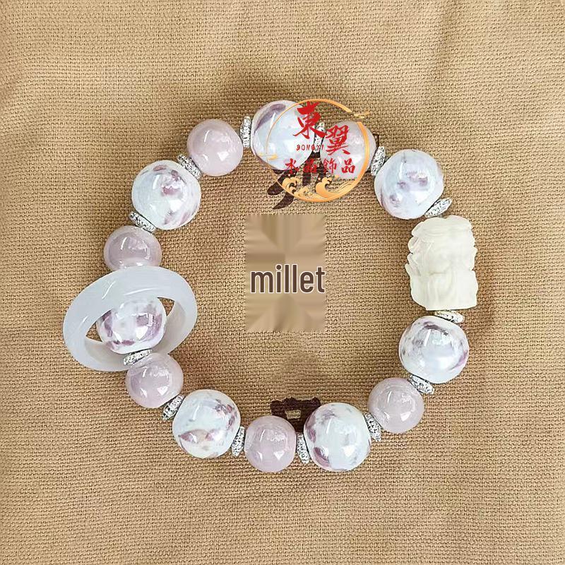 Nine-Tailed Fox Bracelet with Macaron Grey, Pink Taro, Purple Boba Porcelain Beads and Gold Foil Ash Glaze