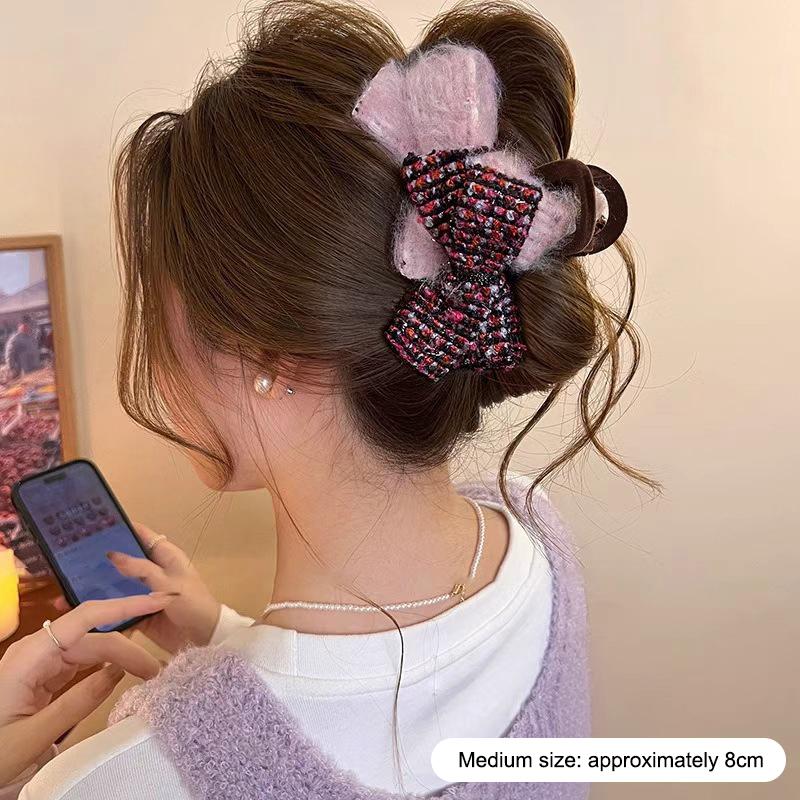 

Retro Autumn And Winter Wool-blend Color-block Double Bow Hair Clip For Women Girls Large Shark Clip Hair Accessories